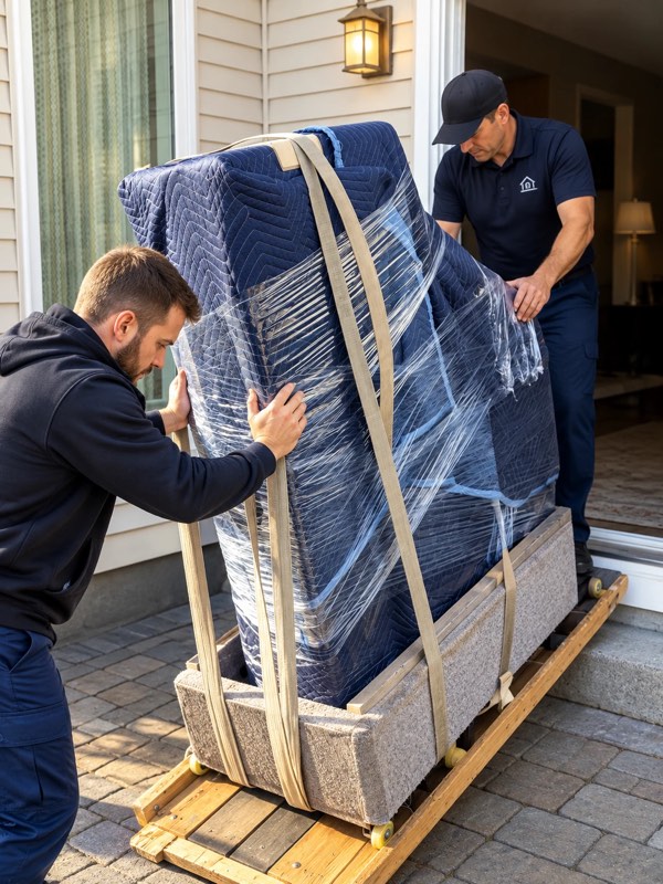 Piano movers wheeling a padded, strapped upright piano out of an Ottawa home