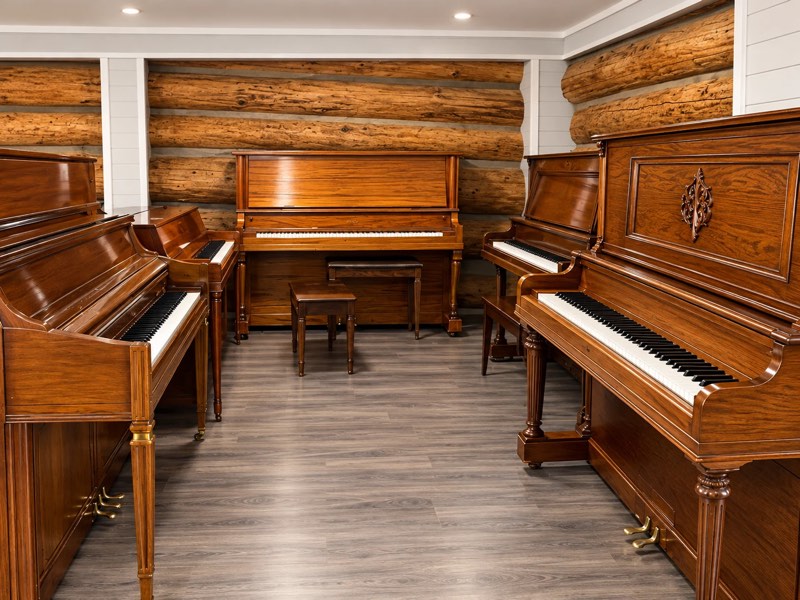 Upright pianos in a clean, climate-controlled storage room
